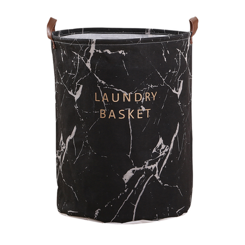 GOMINIMO Laundry Basket Round Foldable Black Marble Design